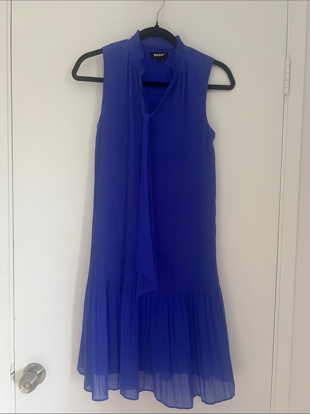 DKNY Sleeveless Pleated Tie-Neck Dress in Cobalt Blue